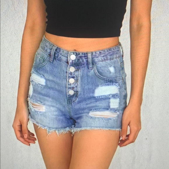 Pants - High-Waist Distressed Denim Shorts - Light Blue